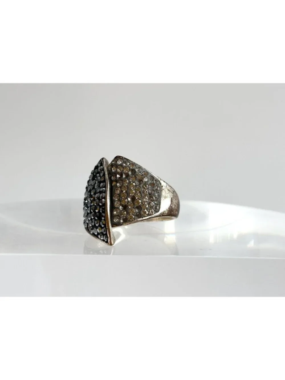 Modernist Folded Multi Rhinestone Brass Plated Malaysian Vintage Ring - sz 8